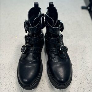 New Day black faux leather Calypso buckle lug Combat Boots